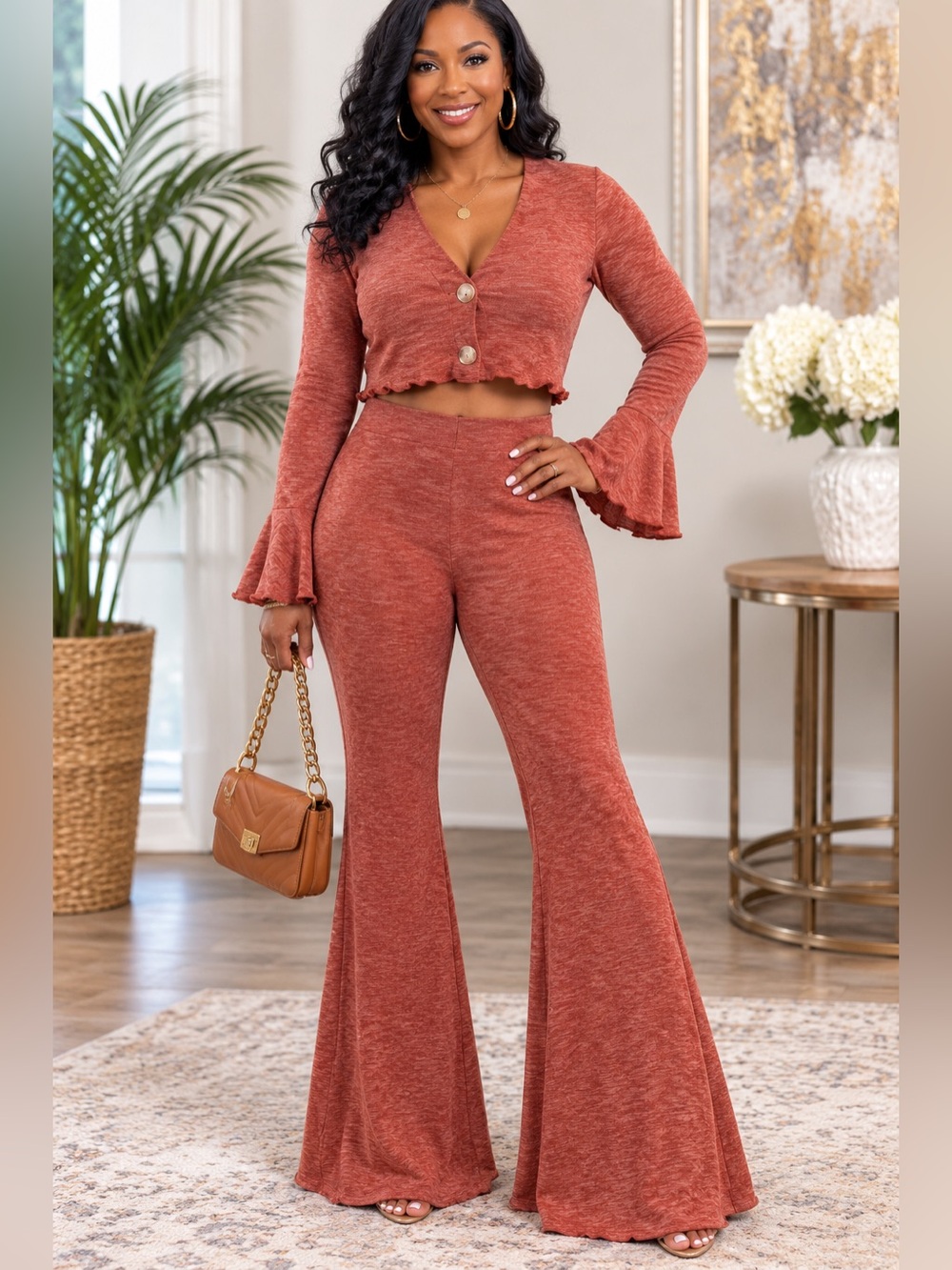 WinWin Rust-Tone Knit Flare Pants with long flare sleeve top